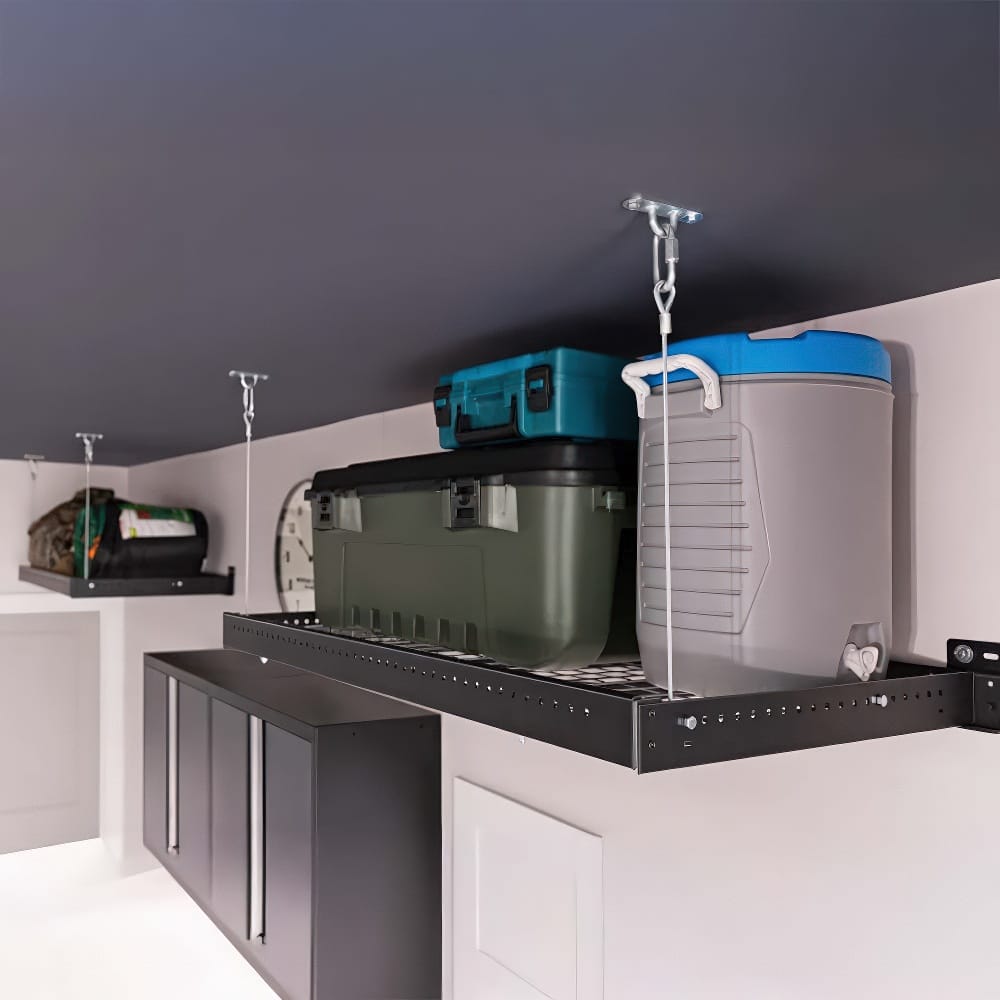Heavy-Duty Ceiling-Mounted Garage Racks Hold Storage Bins And A Cooler Above Wall Cabinets