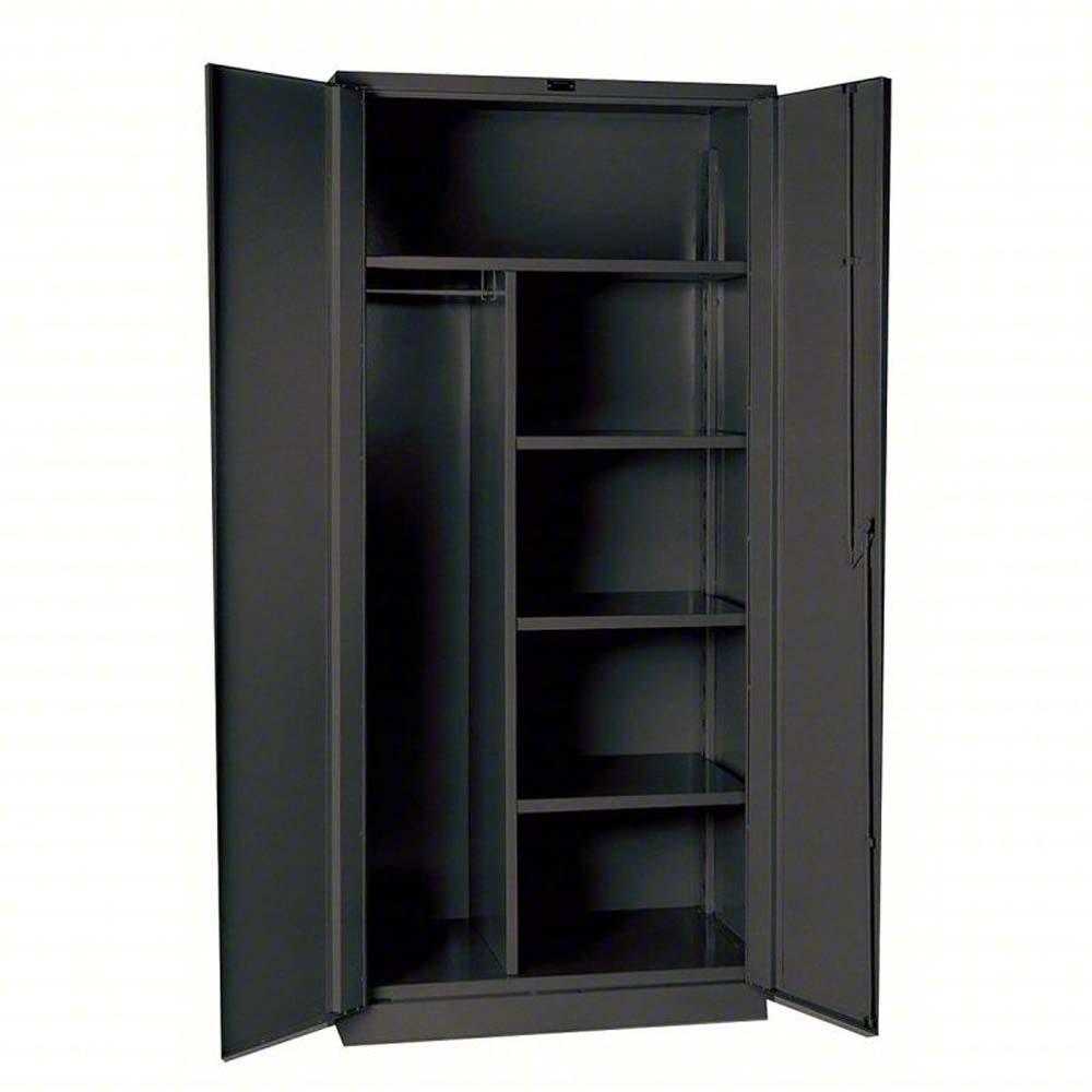 Heavy-Duty Combination Cabinet 36W x 24D With Several Shelves On The Right And A Hanging Rod On The Left