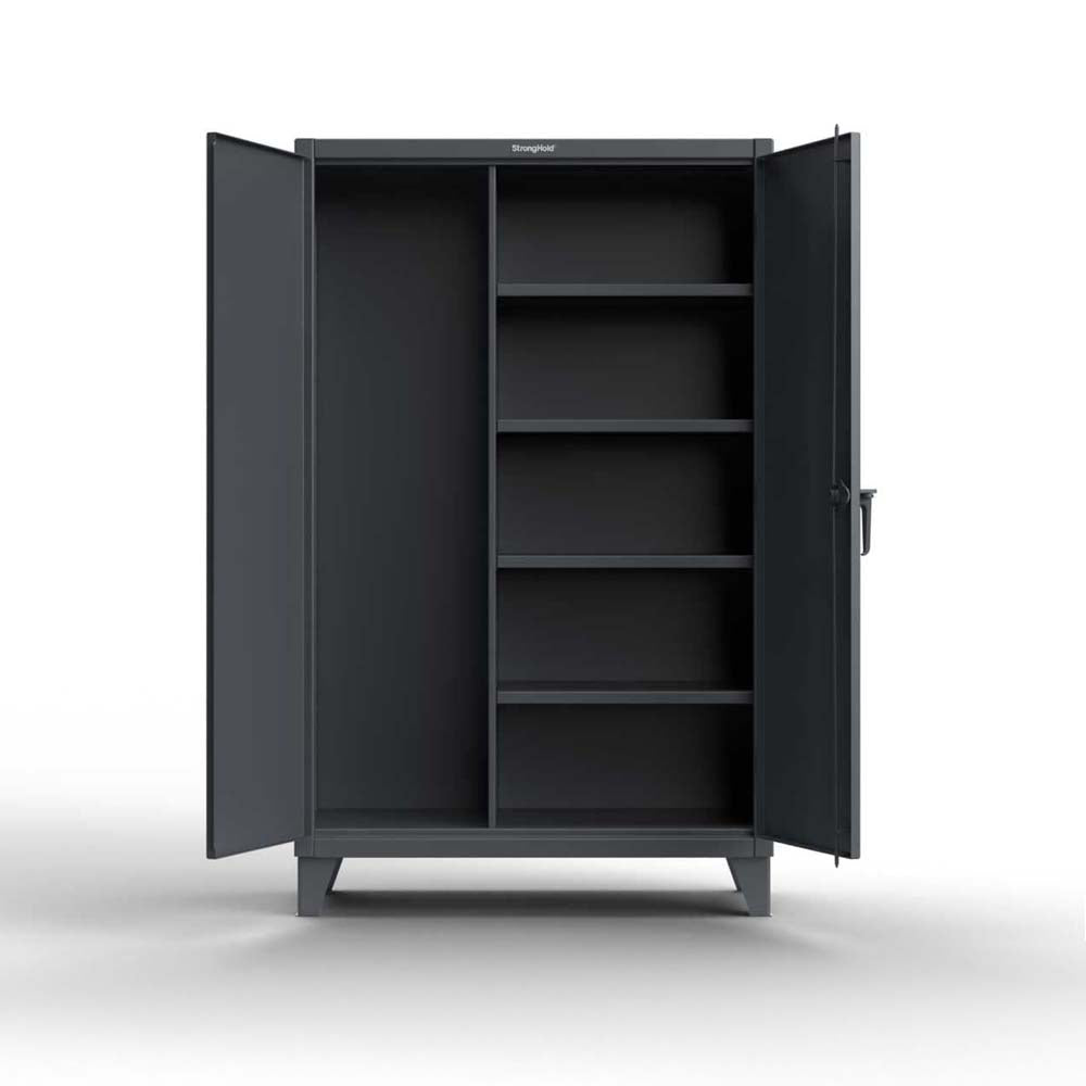 Heavy Duty 12 GA Janitorial Cabinet With Two Open Doors Revealing Shelves On The Right Side And An Empty Space On The Left