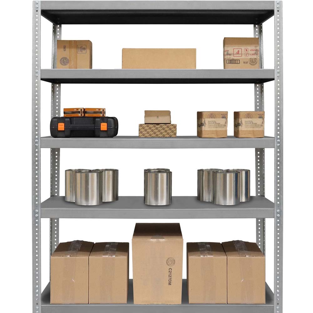 Heavy Duty 5 Shelf Shelving 60x24 Durham With Various Boxes Cans And A Toolbox Organized On Its Shelves