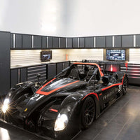 High Tech Garage Featuring Wall Cabinet Set Pro 3.0 3 Piece With Display Shelf LED Lighting And Digital Displays