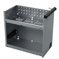 Homak 44 Power Service Cart, With Perforated Holes, An Extending Handle On The Right Side, And A Power Strip Mounted On The Interior Left Side