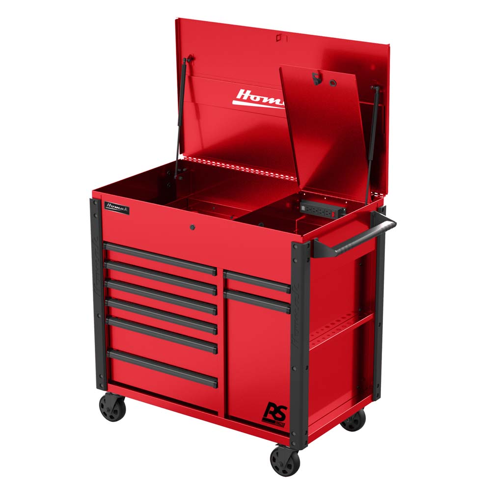 Homak 44 Red RS Pro Power Service Cart, With Multiple Drawers, And An Open Top Compartment Mounted On Wheels
