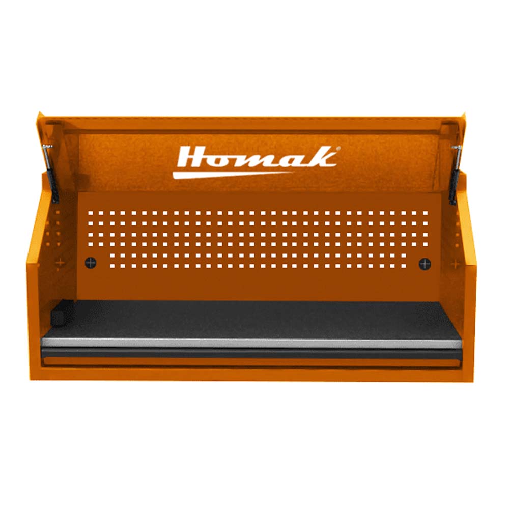 Homak 54 Orange Top Hutch Featuring A Perforated Back Panel And A Black Mat At The Bottom