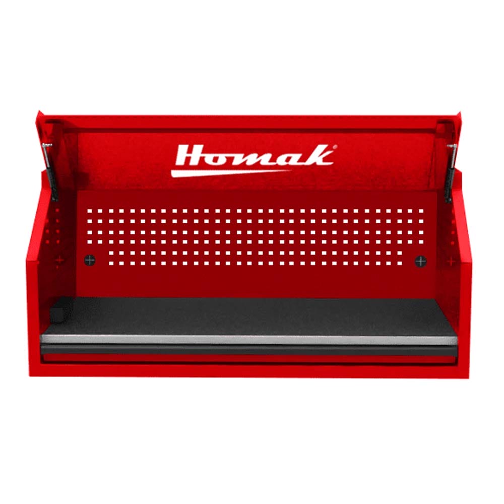 Homak 54 RS Pro Red Top Hutch With An Open Lid Featuring A Perforated Back Panel And A Black Mat At The Bottom