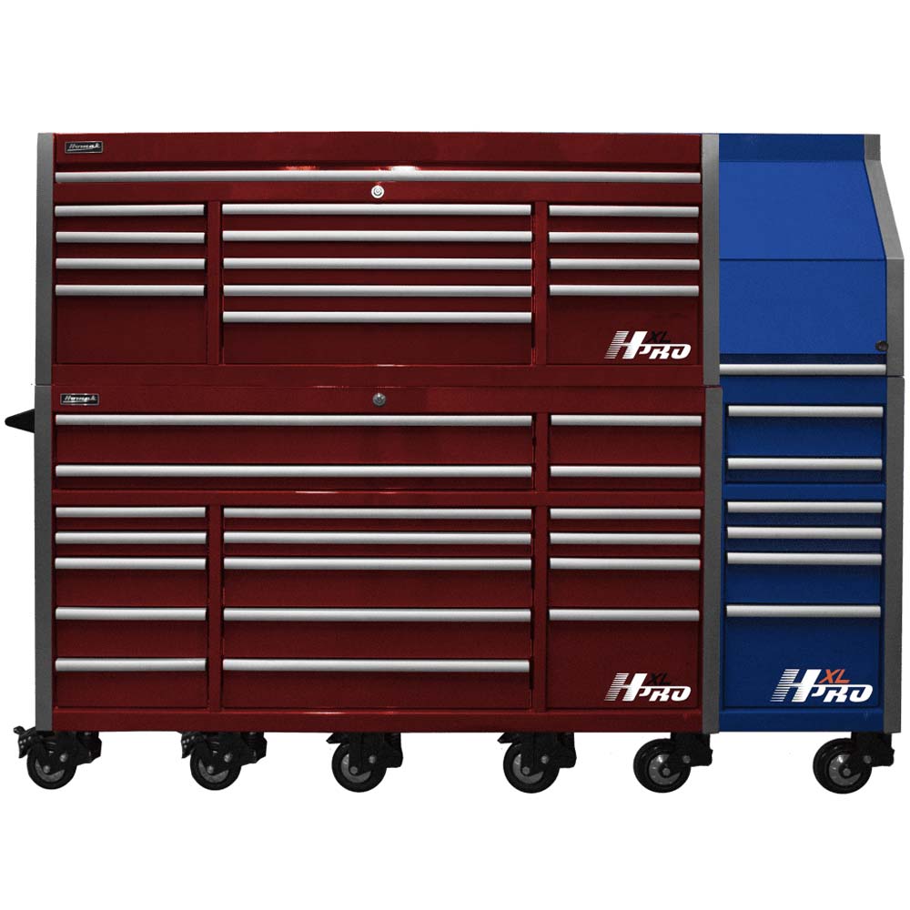 Homak 72 Big Dawg HXL Pro Series CTS Roller Cabinet, Featuring A Red Section With The HPro Logo And A Blue Section Labeled HXL Pro