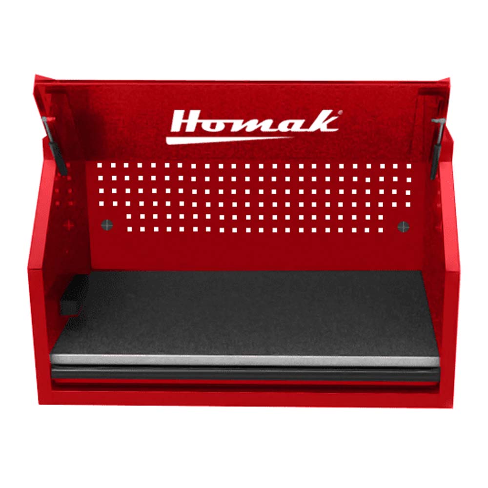 Homak Top Hutch Red With A Perforated Back Panel And A Black Mat On The Bottom Shelf