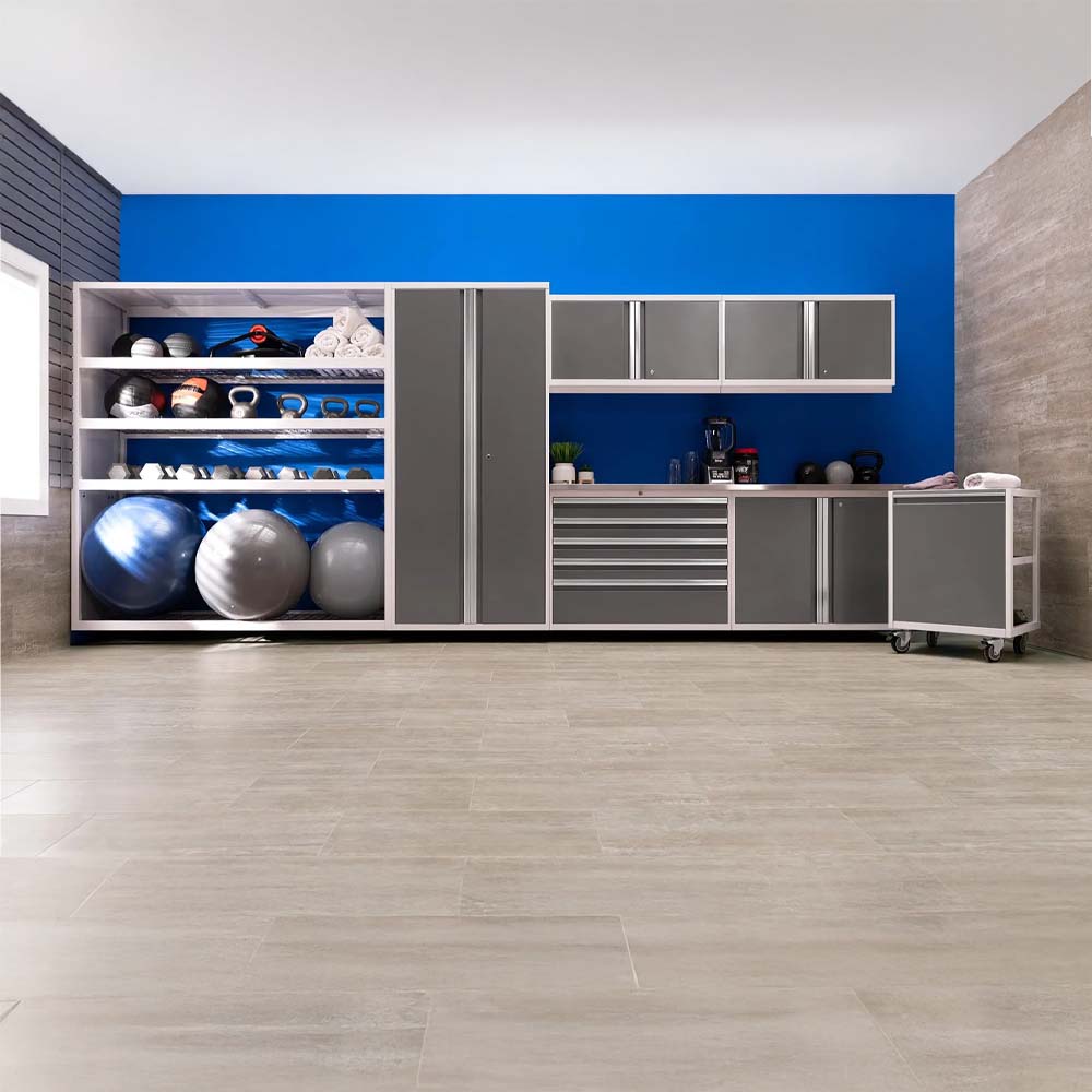 Home Gym Wall With Open Shelves Filled With Exercise Balls And Kettlebells