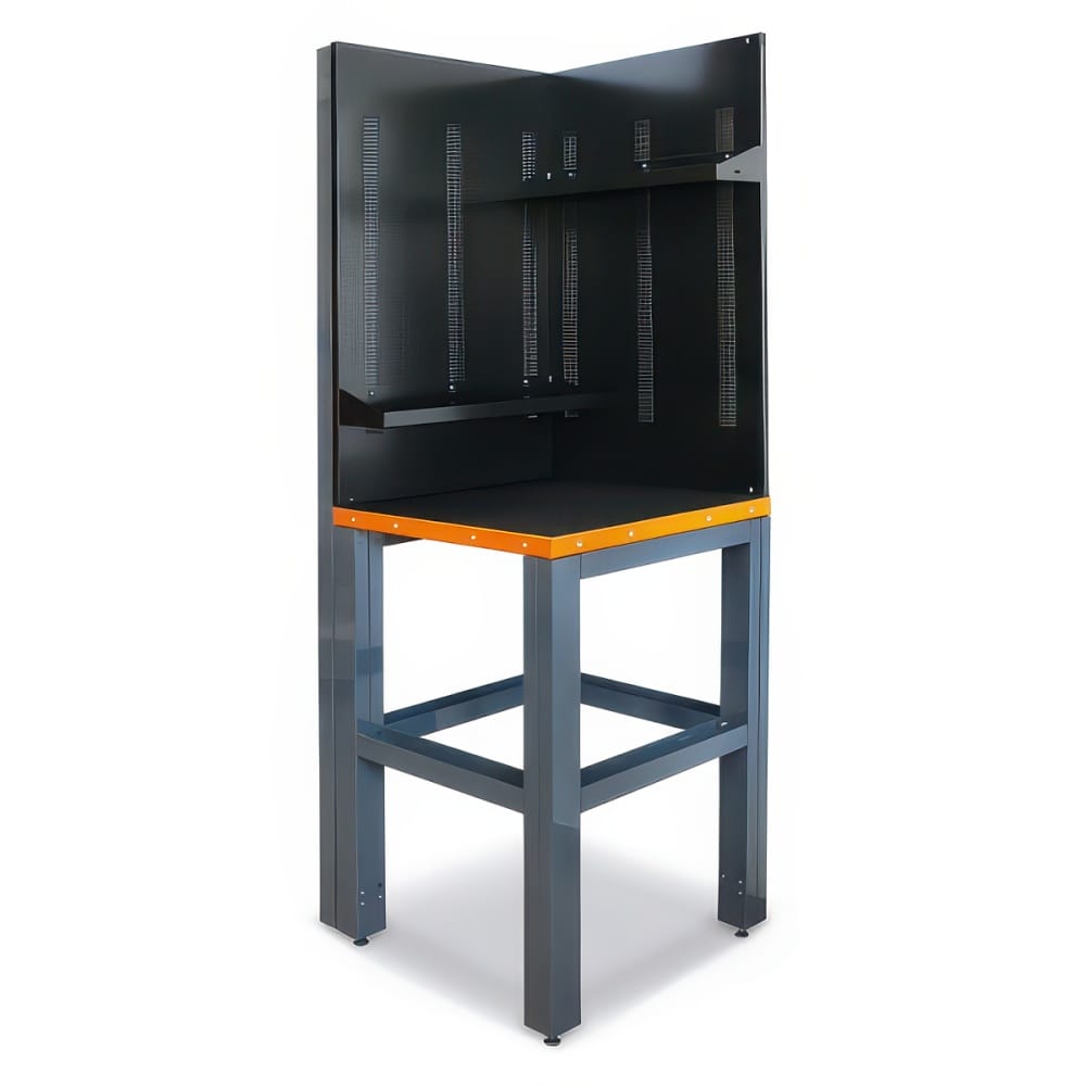 Industrial Corner Workbench With Integrated Privacy Panels And A Rugged Steel Base Frame