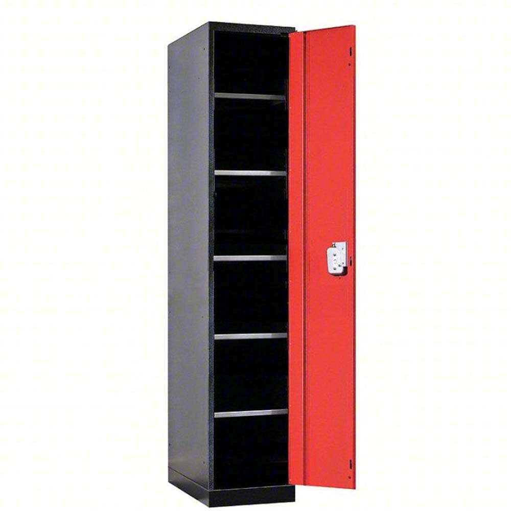 Industrial Locker 24x24x78 With A Vibrant Red Door And Multiple Black Shelves Inside