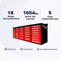Infographic Features A Red Multi Drawer Workbench Highlighting 18 Gauge Galvanized Steel