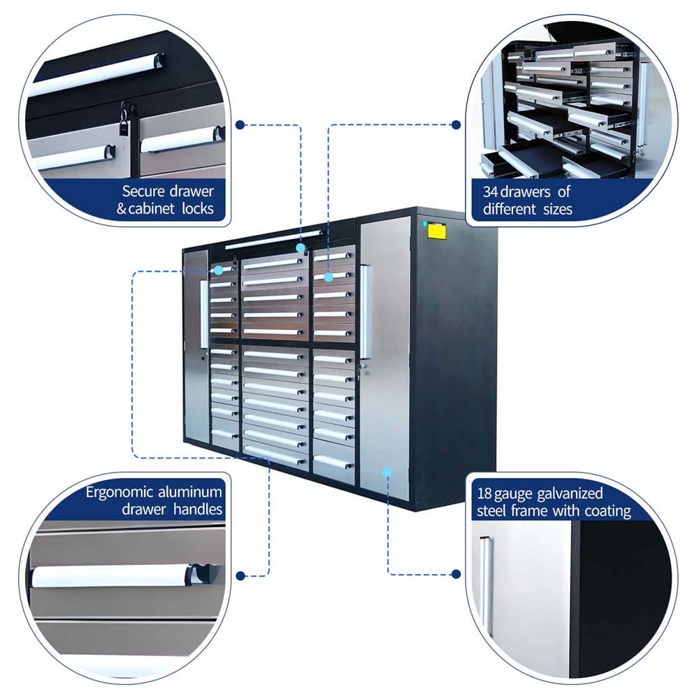 Infographic Highlights A Large Steel Garage Cabinet With Callouts
