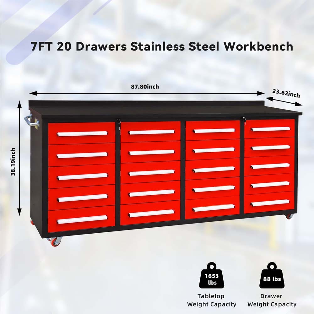 Infographic Showing A 7ft Red 20 Drawer Rolling Workbench With A Stainless Steel Top