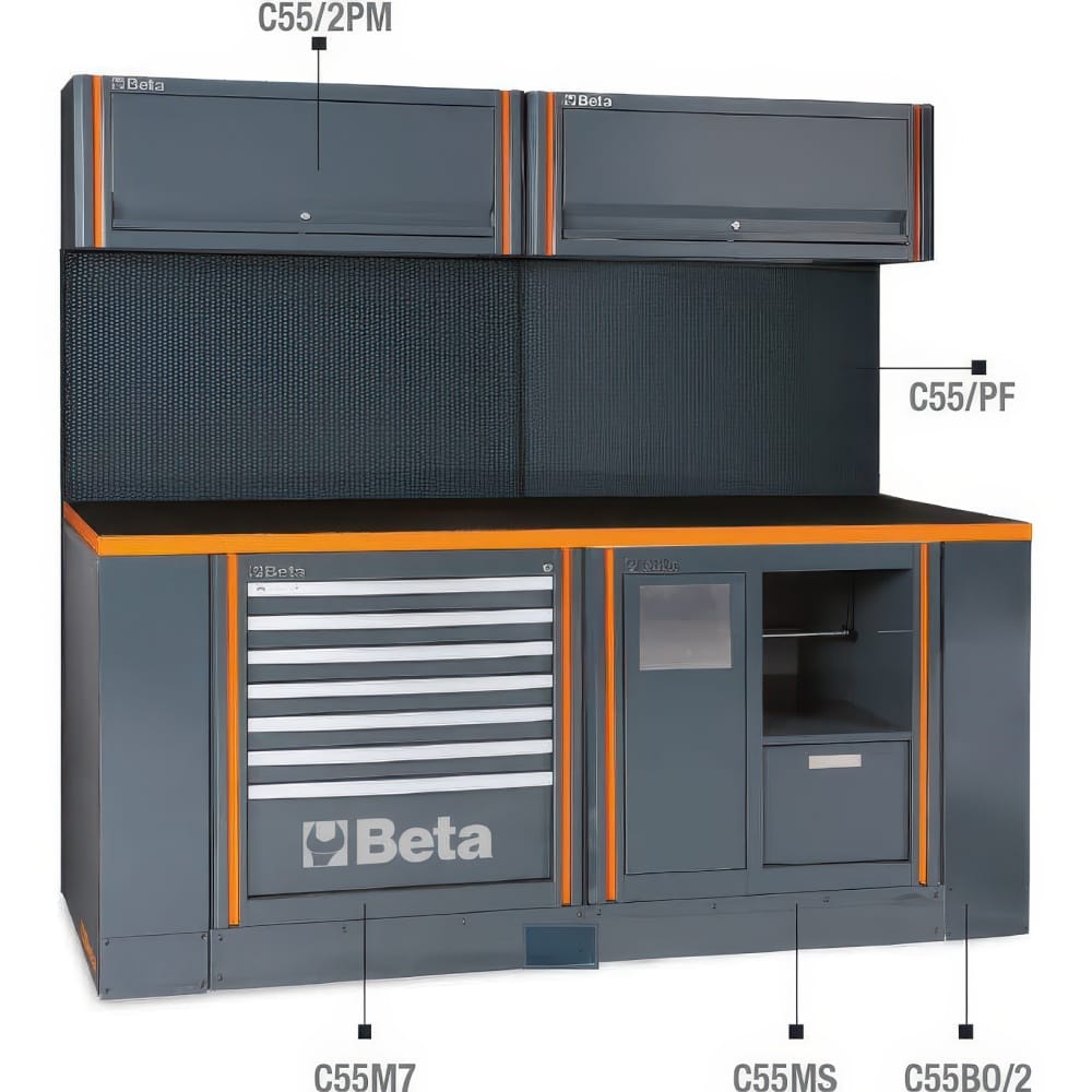 Integrated Gray Beta Workshop Station With Two Upper Cabinets Perforated Back Panel Seven Drawer Tool Unit Service Cabinet And Orange Accents
