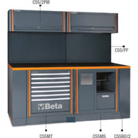 Integrated Gray Beta Workshop Station With Two Upper Cabinets Perforated Back Panel Seven Drawer Tool Unit Service Cabinet And Orange Accents