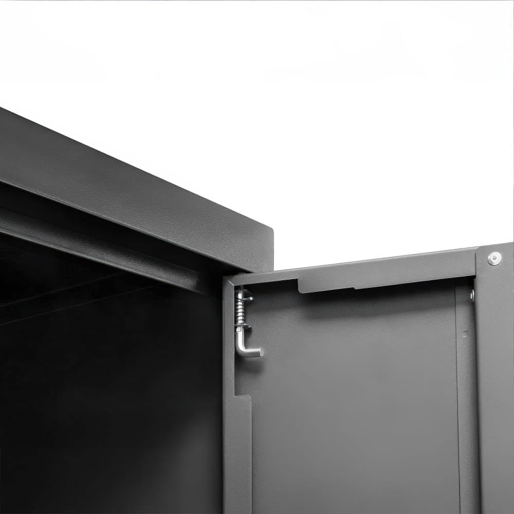 Interior Corner Of An Open Metal Cabinet Door Highlighting Its Concealed Hinge System And Durable Steel Construction