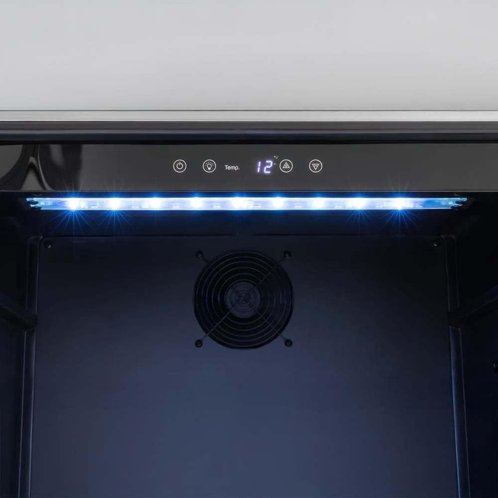 Interior Of Beverage Fridge Shows Blue LED Light Bar Digital Temperature Display At 12 Degrees And Rear Cooling Fan