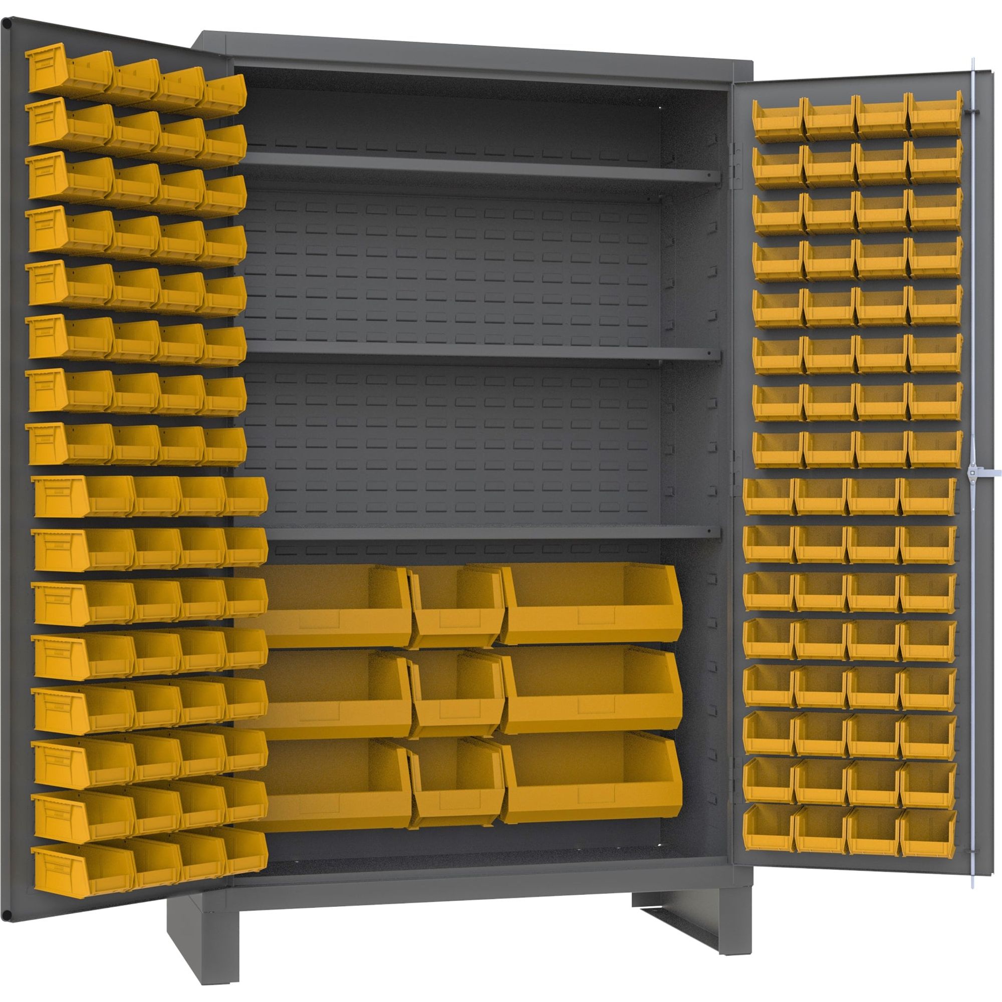 Dark Olive Green Durham 3 Shelves Cabinet with 137 Yellow Bins 48 X 24 X 78