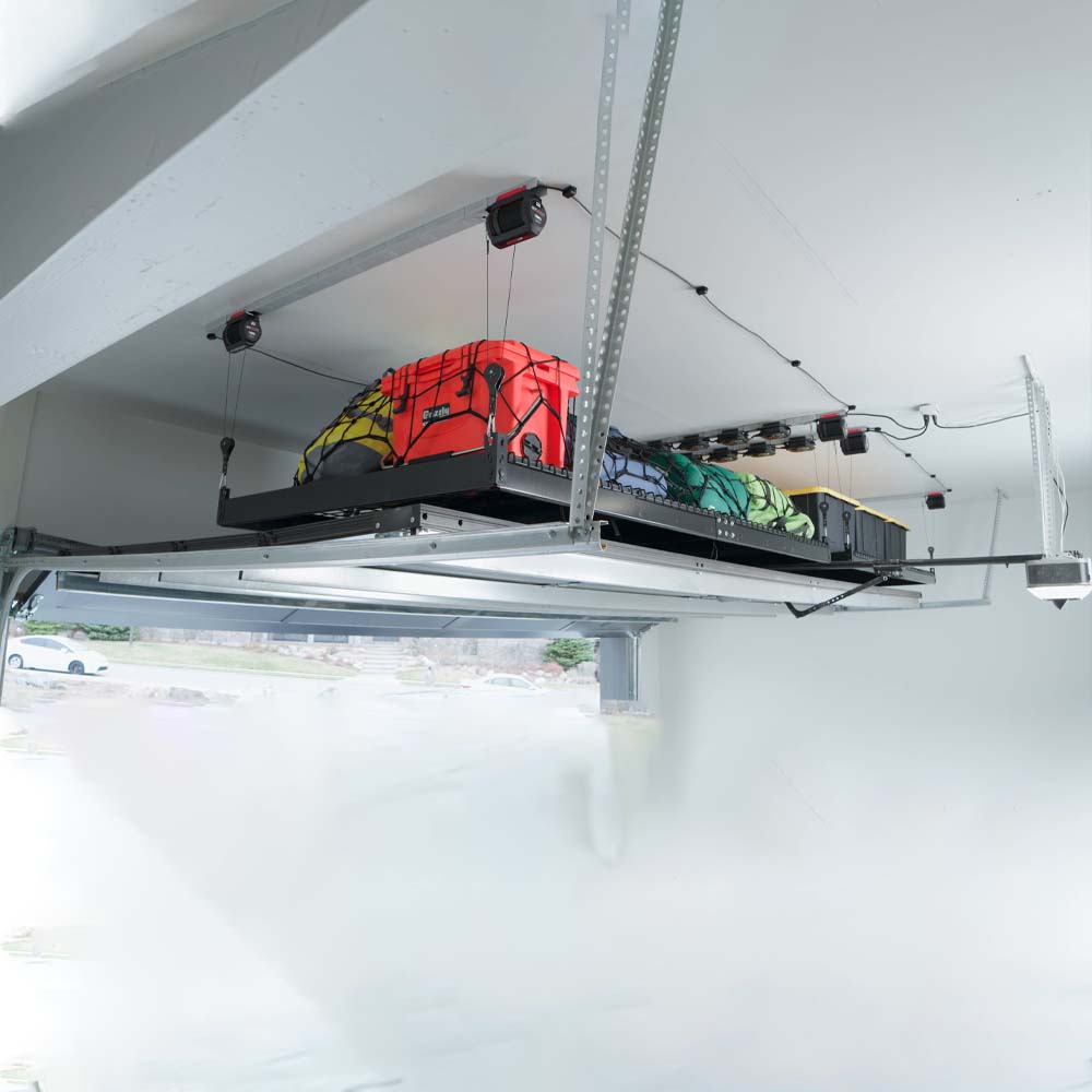 Kayaks Are Stored On An Elevated Metal Platform In A Garage Utilizing Garage Ceiling Storage Lift By SmarterHome