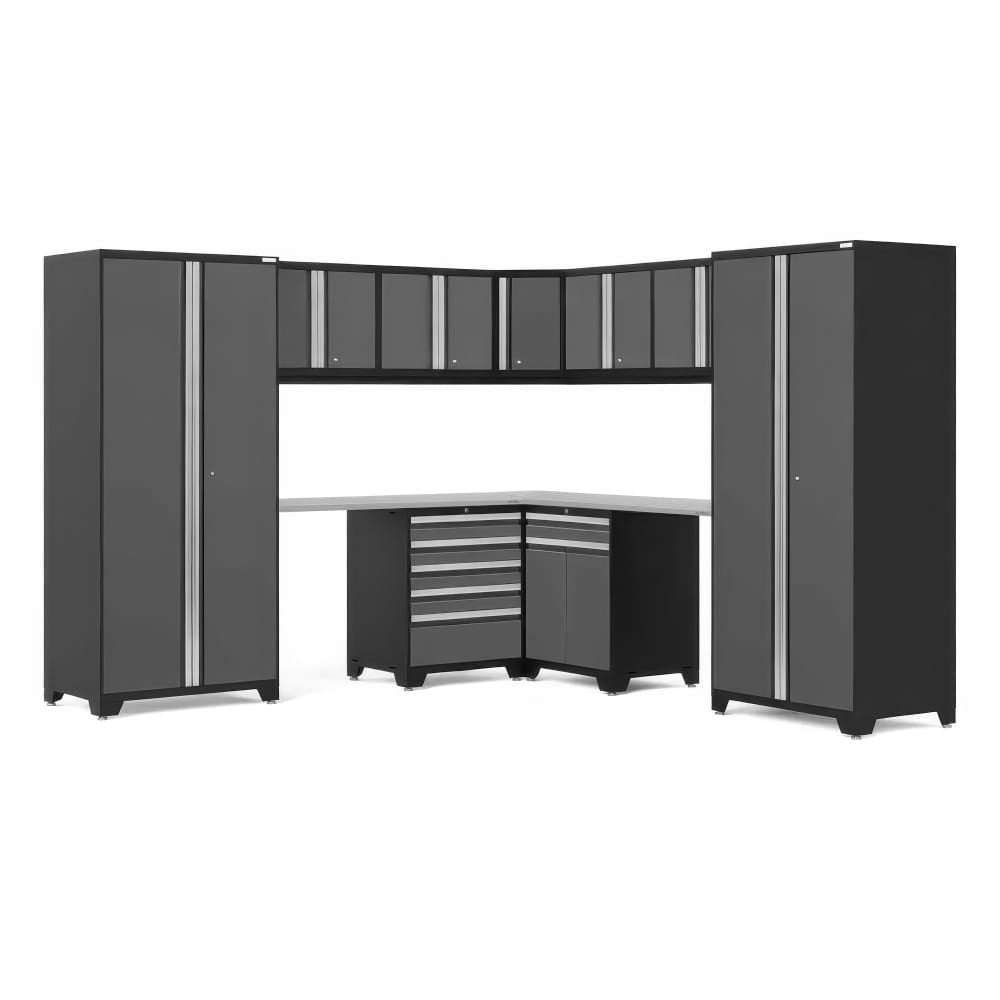 L-Shaped Garage Cabinet System With Tall Pantries Overhead Wall Units And Corner Workbench With Drawers