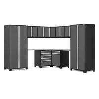 L-Shaped Garage Cabinet System With Tall Pantries Overhead Wall Units And Corner Workbench With Drawers
