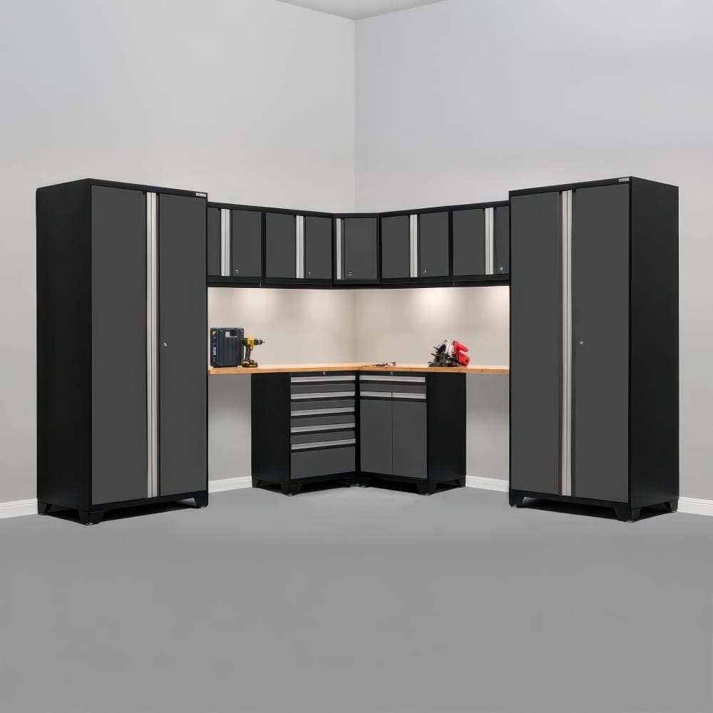 L-Shaped Garage Workstation With Two Tall Cabinets Under-Cabinet Lighting Upper Wall Units And Wood Top Corner Workbench With Drawers