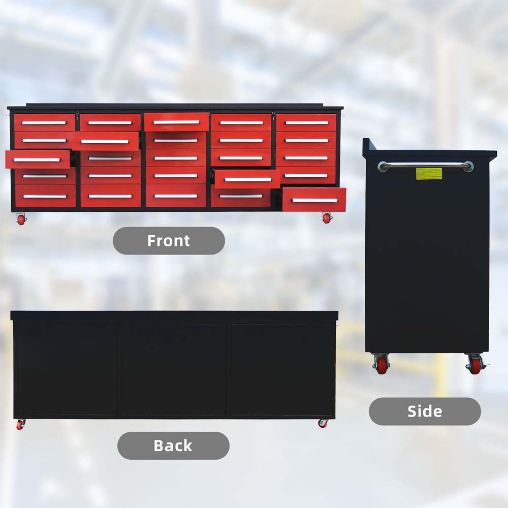 Labeled Front Back And Side Views Show A Red Multi Drawer Tool Cabinet On Casters