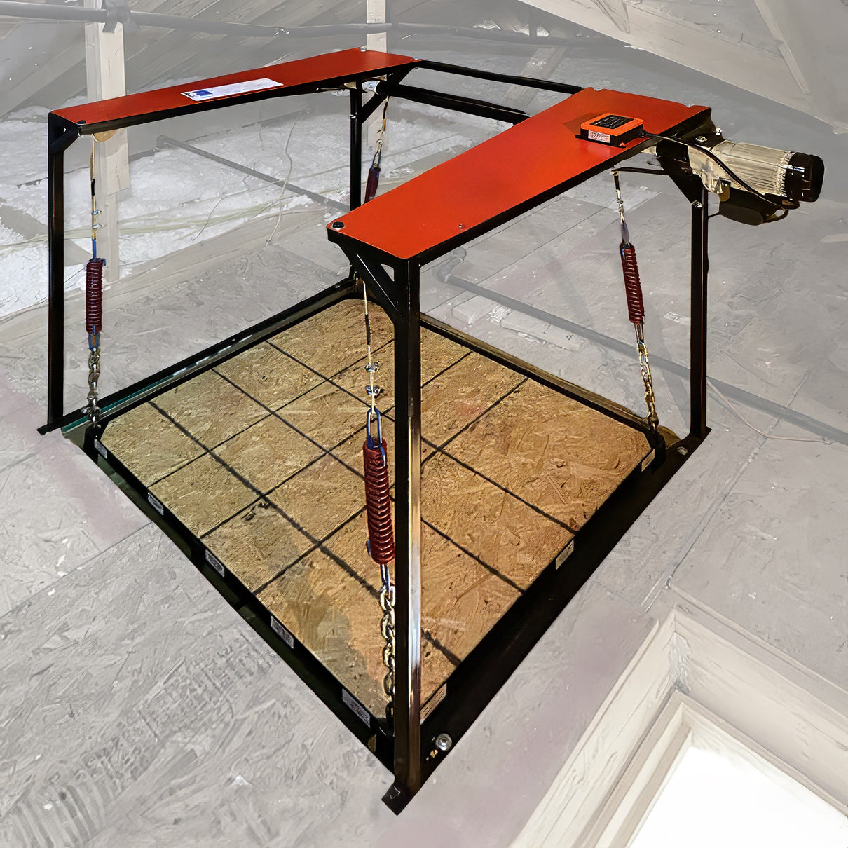 The Attic Lift - Empire Lift - Large Steel Frame Cargo Elevator n Attic with Empty Raised Platform