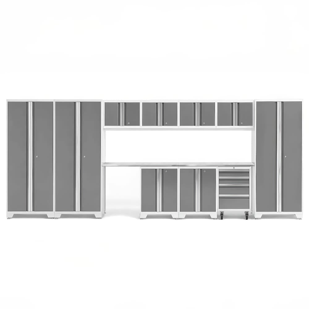 Large Modern White-Framed Garage Storage System With Grey Cabinet Doors Including Tall Lockers Upper Storage Units A Central Worktop And A Rolling Tool Chest