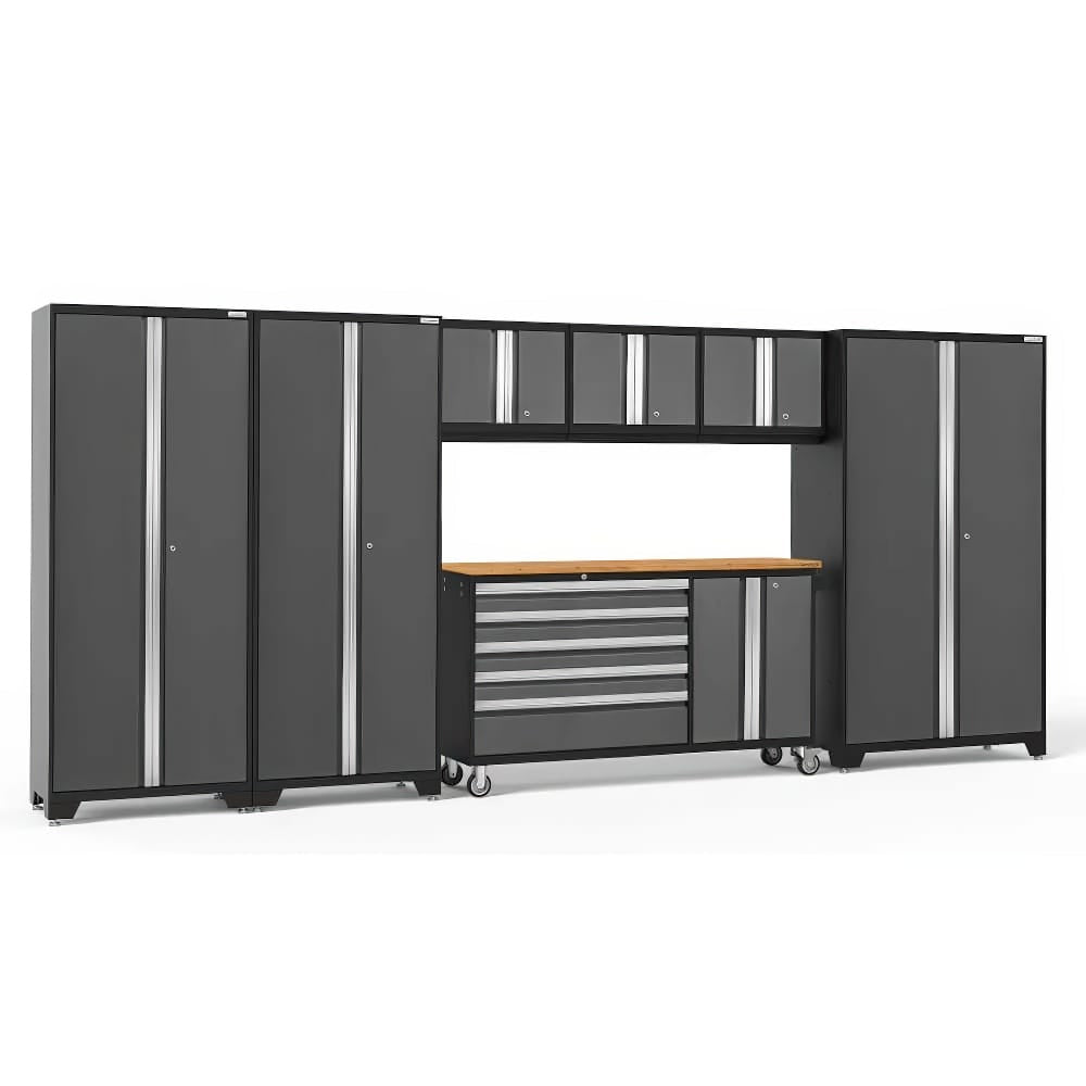 Large Modular Garage Storage System Features Tall Lockers Upper Cabinets And A Central Work Area