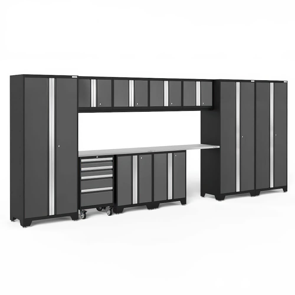 Large Modular Garage Storage System In Gray And Black Featuring Tall Cabinets Upper Wall-Mounted Units