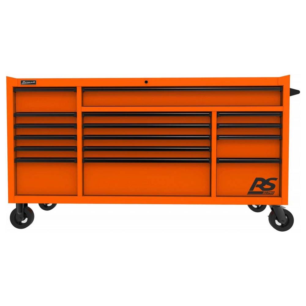 Large Orange Homak 72 RS Pro Roller Cabinet Featuring Numerous Drawers And Wheels For Easy Movement