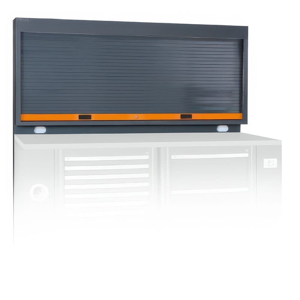 Large Roller Shutter Storage Cabinet Mounted Above A Workshop Bench With Integrated Task Lighting