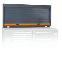 Large Roller Shutter Storage Cabinet Mounted Above A Workshop Bench With Integrated Task Lighting