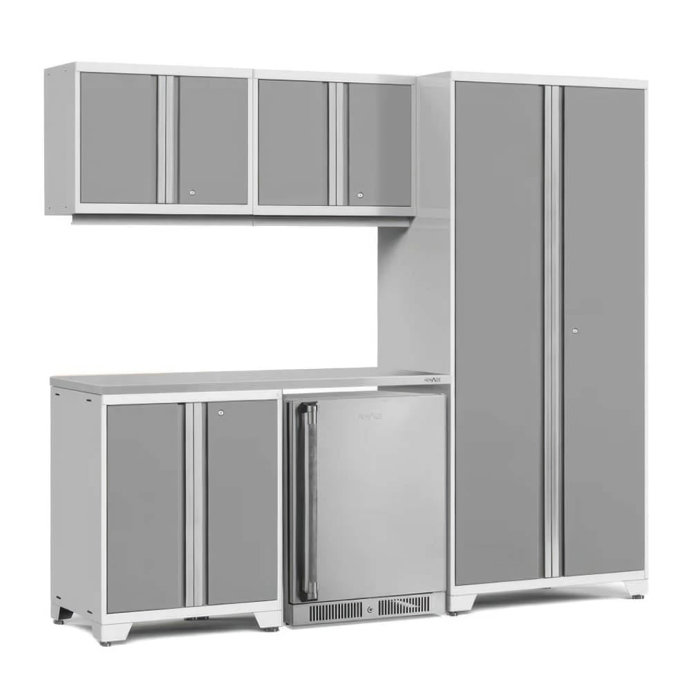Light Gray Garage Cabinet Set With Tall Locker Overhead Boxes Solid Surface Worktop And Built In Stainless Beverage Fridge