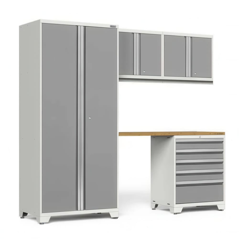 Light Gray Garage Cabinet Set With Tall Locker Three Wall Cabinets Bamboo Worktop And Six Drawer Tool Chest