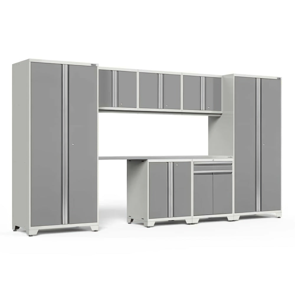 Light Gray Garage Cabinet Set With Two Tall Lockers Overhead Cupboards A Workbench And Base Cabinets