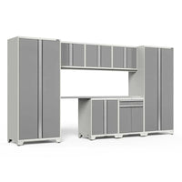 Light Gray Garage Cabinet Set With Two Tall Lockers Overhead Cupboards A Workbench And Base Cabinets