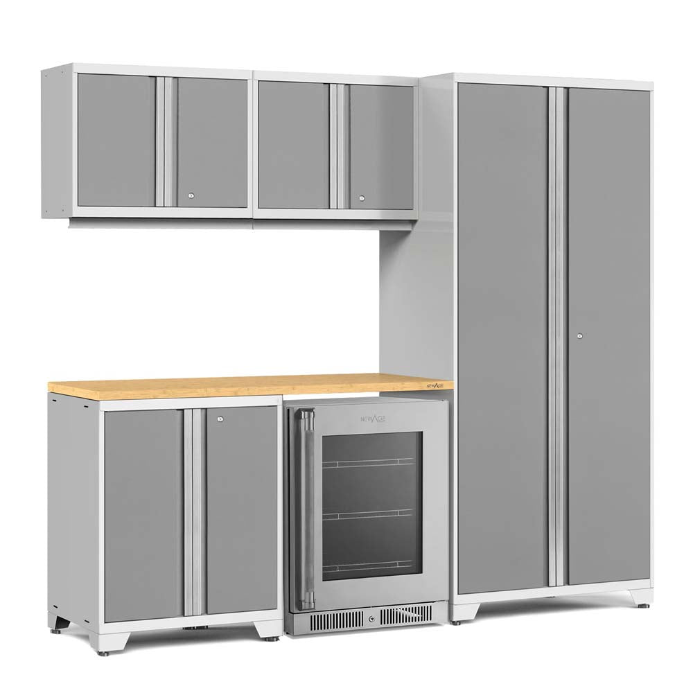 Light Gray Garage Cabinet Set With Wood Worktop And Integrated Glass Door Beverage Cooler