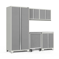 Light Gray Garage Cabinet System With Tall Locker Upper Wall Units And Rolling Base Cabinet