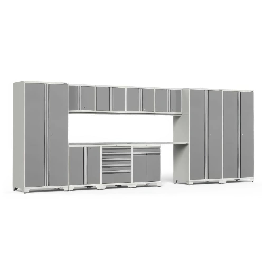 Light Gray Garage Cabinet System With Tall Pantry Lockers Upper Cabinets And A Wide Workbench Counter
