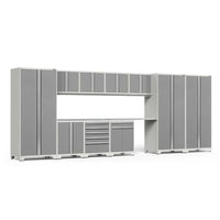Light Gray Garage Cabinet System With Tall Pantry Lockers Upper Cabinets And A Wide Workbench Counter