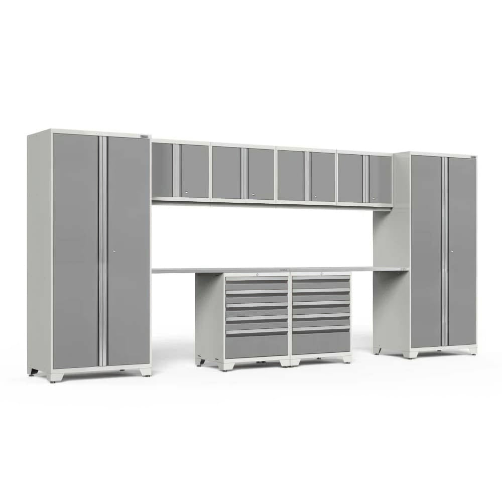 Light Gray Garage Cabinet Wall With Tall Lockers Upper Cabinets Long Work Surface And Two Rolling Tool Drawer Carts