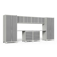 Light Gray Garage Cabinet Wall With Tall Lockers Upper Cabinets Long Work Surface And Two Rolling Tool Drawer Carts