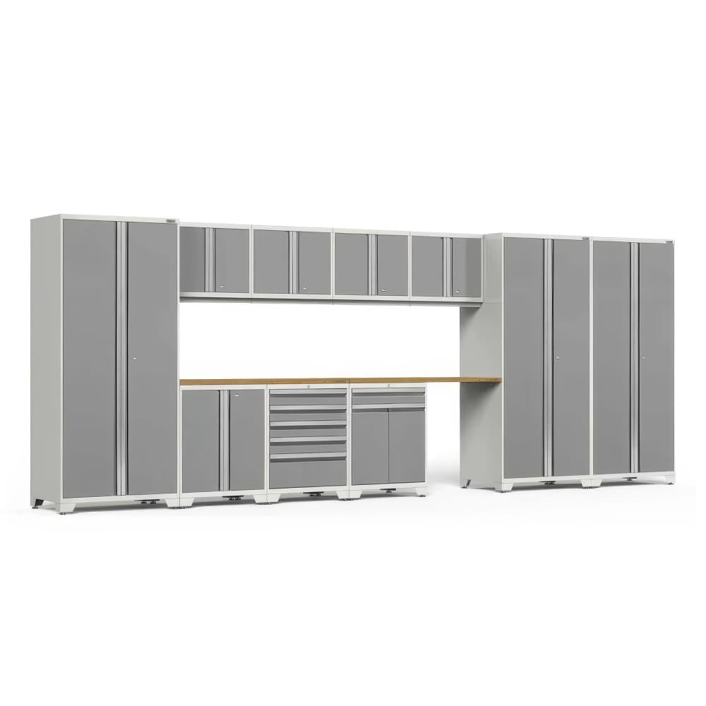Light Gray Garage Storage Set With Tall Lockers Overhead Cabinets And A Wood Topped Workbench