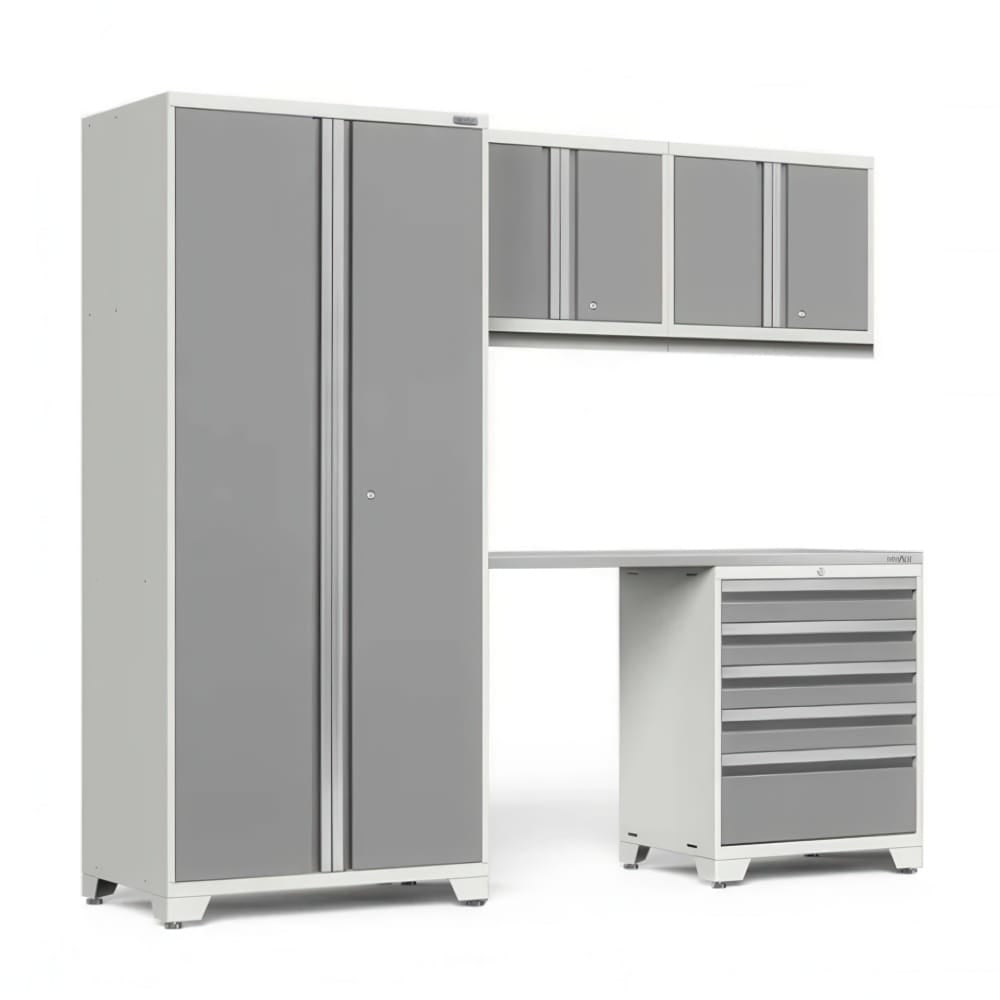Light Gray Modular Garage Cabinet System With Tall Locker Overhead Wall Cabinets Worktop And Six Drawer Tool Chest