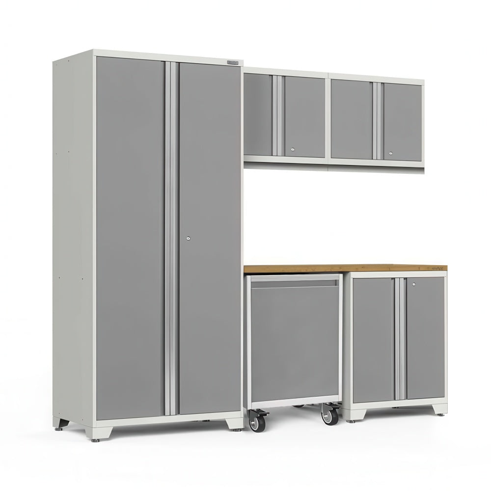 Light Grey Modular Garage Cabinet Set With Tall Locker Wall Cabinets Wood Worktop And Rolling Base Unit