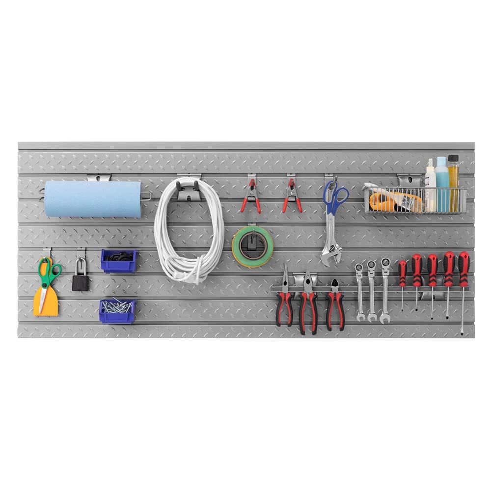 Loaded Diamond Plate Slatwall Organizing Tools Cords And Cleaning Supplies In A Garage