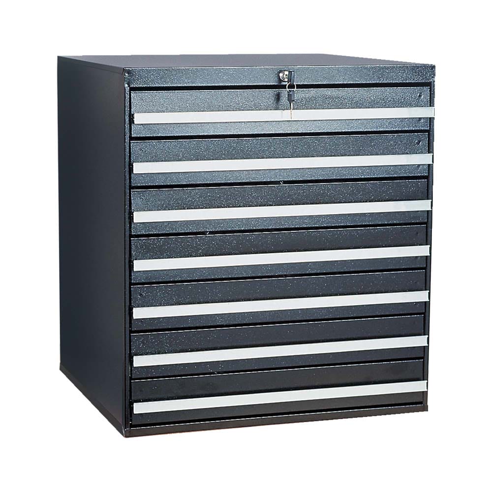 Lockable Drawer System With 3 Inch High Dividers With Seven Drawers Silver Handle And A Locking Mechanism
