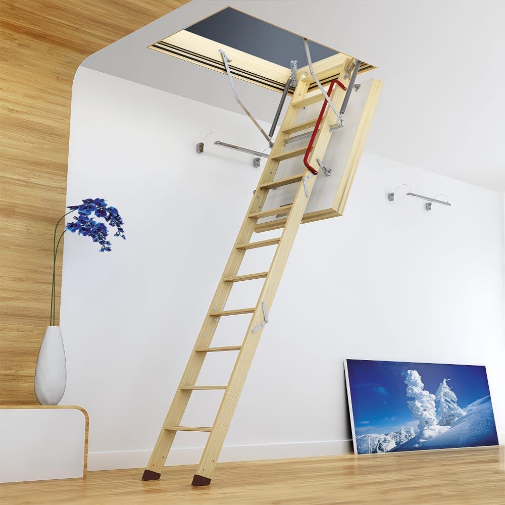 Loft Ladder Extends From A Ceiling Hatch Above A Decorative Corner